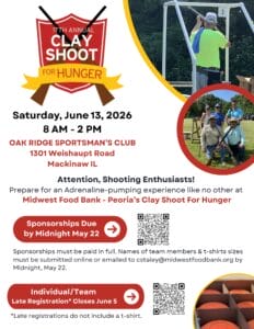 17th Annual Clay Shoot for Hunger at Oak Ridge Sportsman's Club on Saturday, June 13, 2026, from 8 AM to 2 PM. Includes event details, registration deadlines, and contact information.