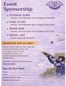 Event Sponsorship flyer for the Theresa Tracy Trot, a pancreatic cancer fundraiser. The flyer details sponsorship levels (Platinum, Gold, Silver, Bronze) with associated costs and benefits. It also provides registration information, including a deadline of May 23, 2026, payment methods, mailing address, email, and contact person. The bottom section includes fields for team sign-up. The image features a woman skeet shooting in the background.